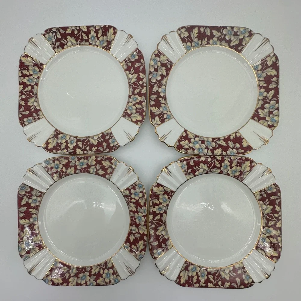 Royal Albert Brocade Art Deco Salad Plates Set of 4 Bone China Burgundy Floral